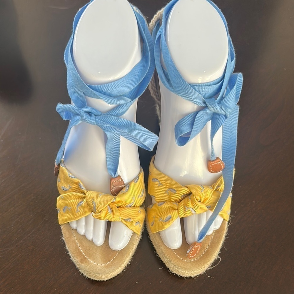 J. Crew Womens Marianne Espadrilles Tie Wedges Yellow Light Blue Spa Whales Sz 8
